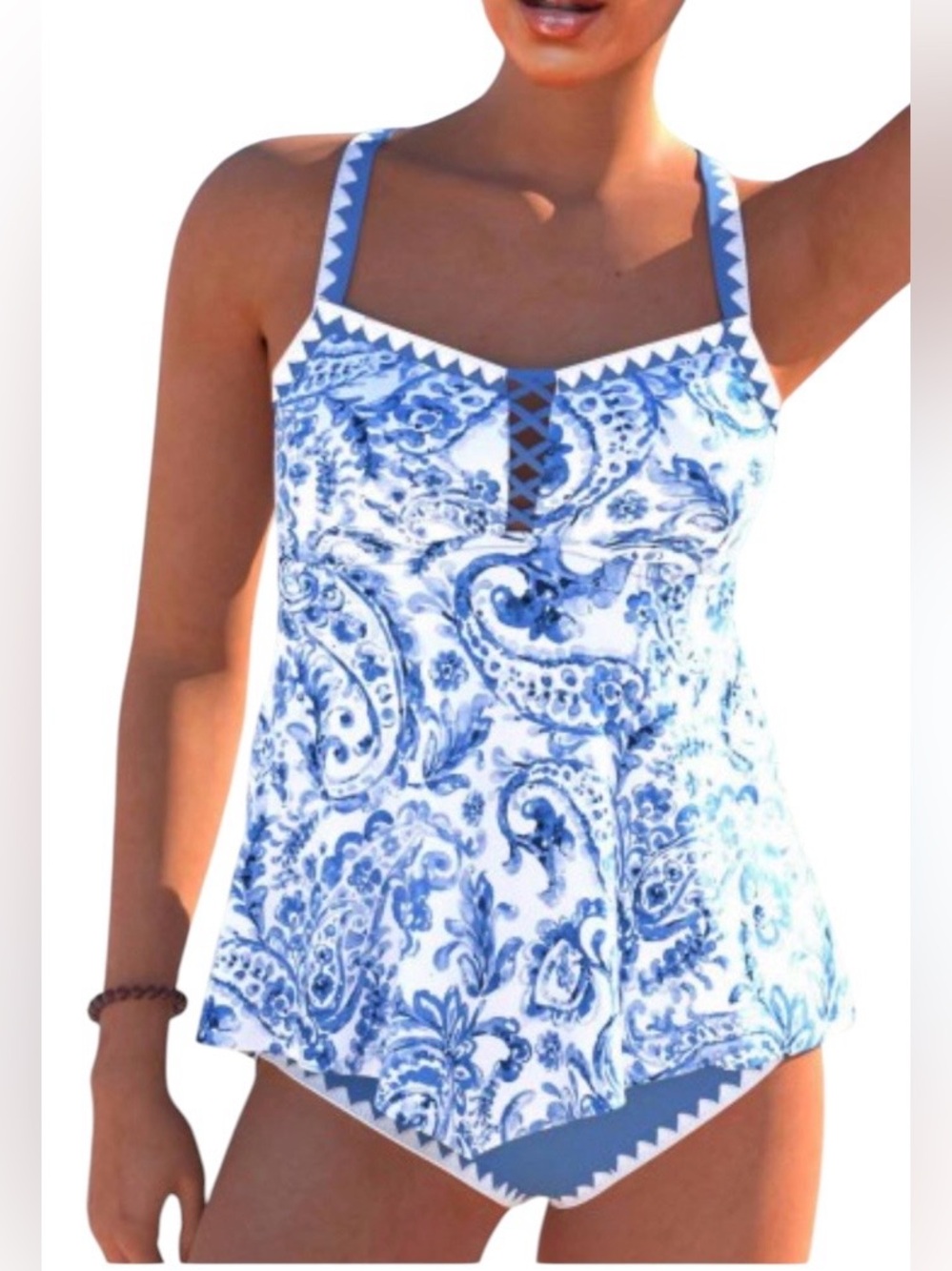 MODLILY Criss Cross Paisley Print Dusty Blue Tankini Large New